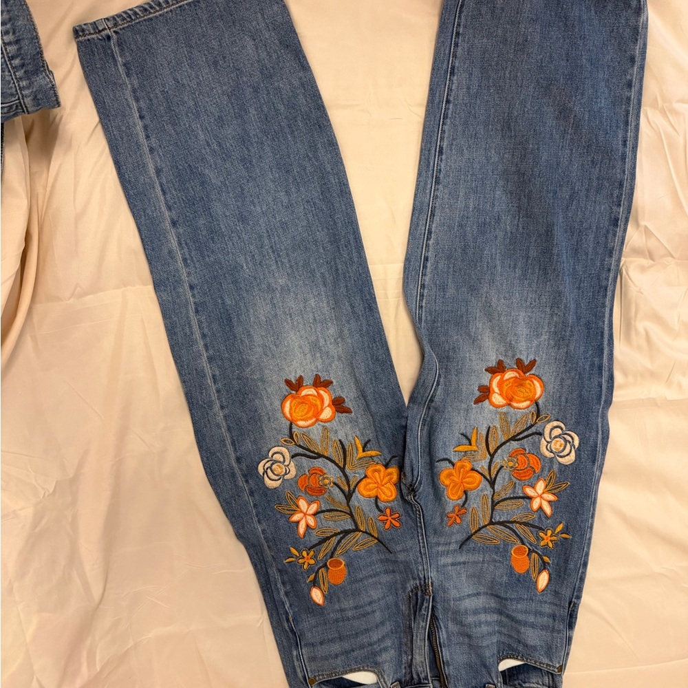Embroidered Blue Straight-Leg Jeans with Orange Floral Detail